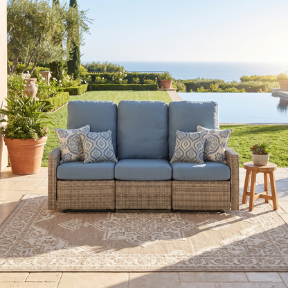 Keywest Three-Seat Outdoor Wicker Reclining Sofa - Dove Grey & Carolina Blue