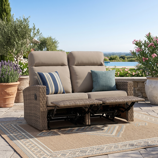 Newport Outdoor Wicker Reclining Loveseat Sofa in Sunbrella® Spectrum Mushroom