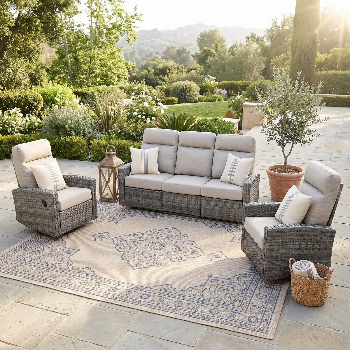 Malibu II Outdoor Wicker Reclining Sofa Conversation Set with a pair of Recliners in Sunbrella® Canvas Taupe | Outdoor Set