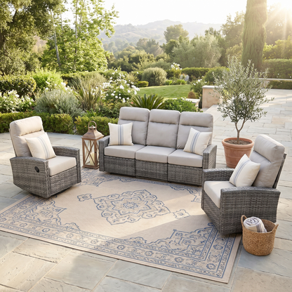 Malibu II Outdoor Wicker Reclining Sofa Conversation Set with a pair of Recliners in Sunbrella® Canvas Taupe | Outdoor Set