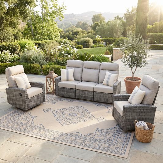 Malibu II Outdoor Wicker Reclining Sofa Conversation Set with a pair of Recliners in Sunbrella® Canvas Taupe | Outdoor Set