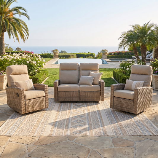 Newport Outdoor Wicker Reclining Loveseat Conversation Set with a pair of Recliners in Sunbrella® Spectrum Mushroom | Outdoor Set