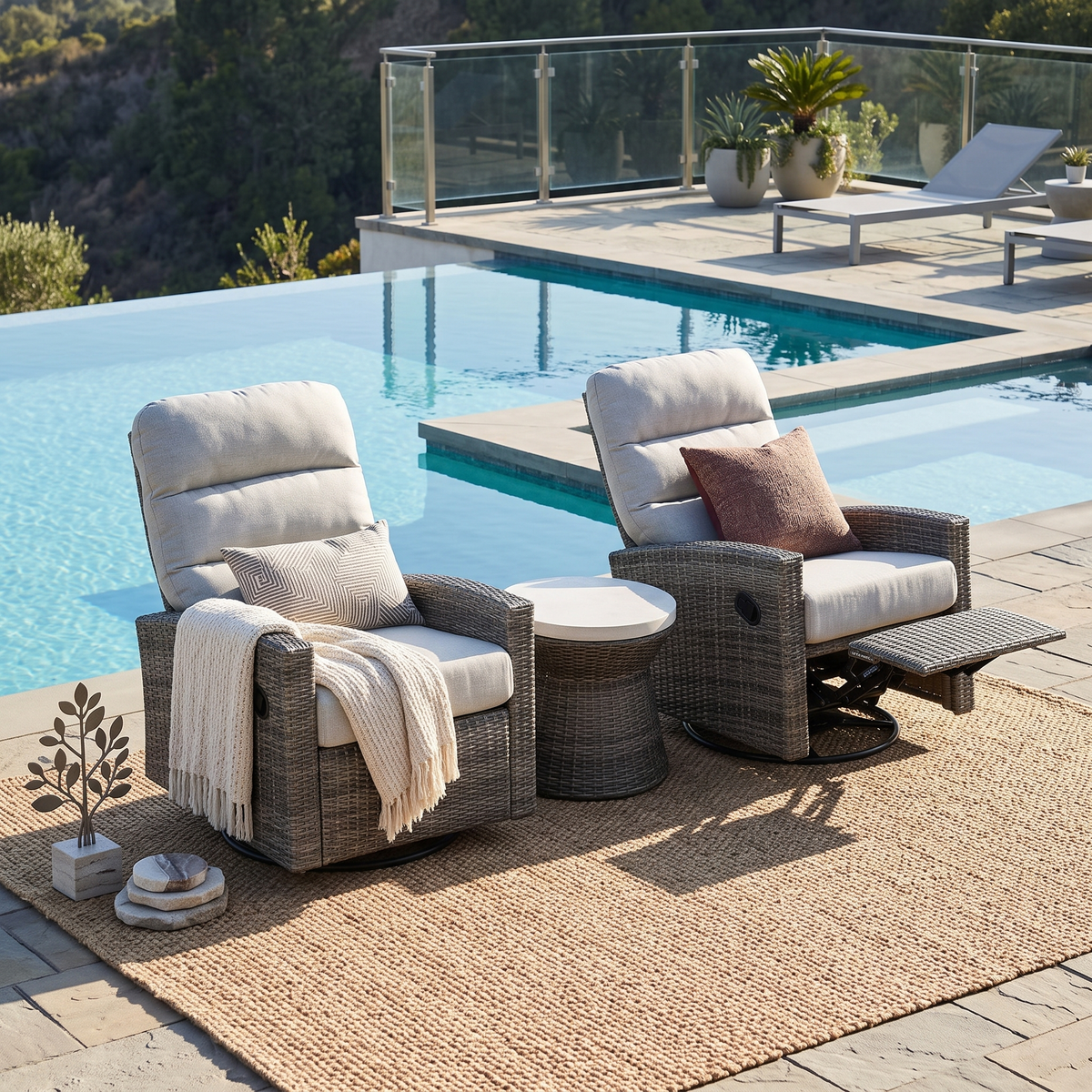 Monterey Driftwood Wicker Outdoor 2PC Swivel Glider Recliner in Oyster and Side Table | Outdoor Bistro Set
