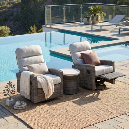 Monterey Driftwood Wicker Outdoor 2PC Swivel Glider Recliner in Oyster and Side Table | Outdoor Bistro Set
