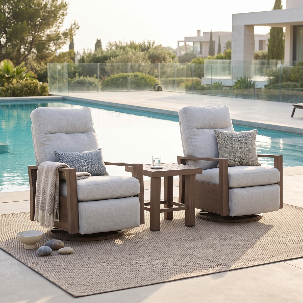 Shoreline Aluminum Outdoor 2PC Swivel Glider Recliner in Steeple Gray and Side Table | Outdoor Bistro Set