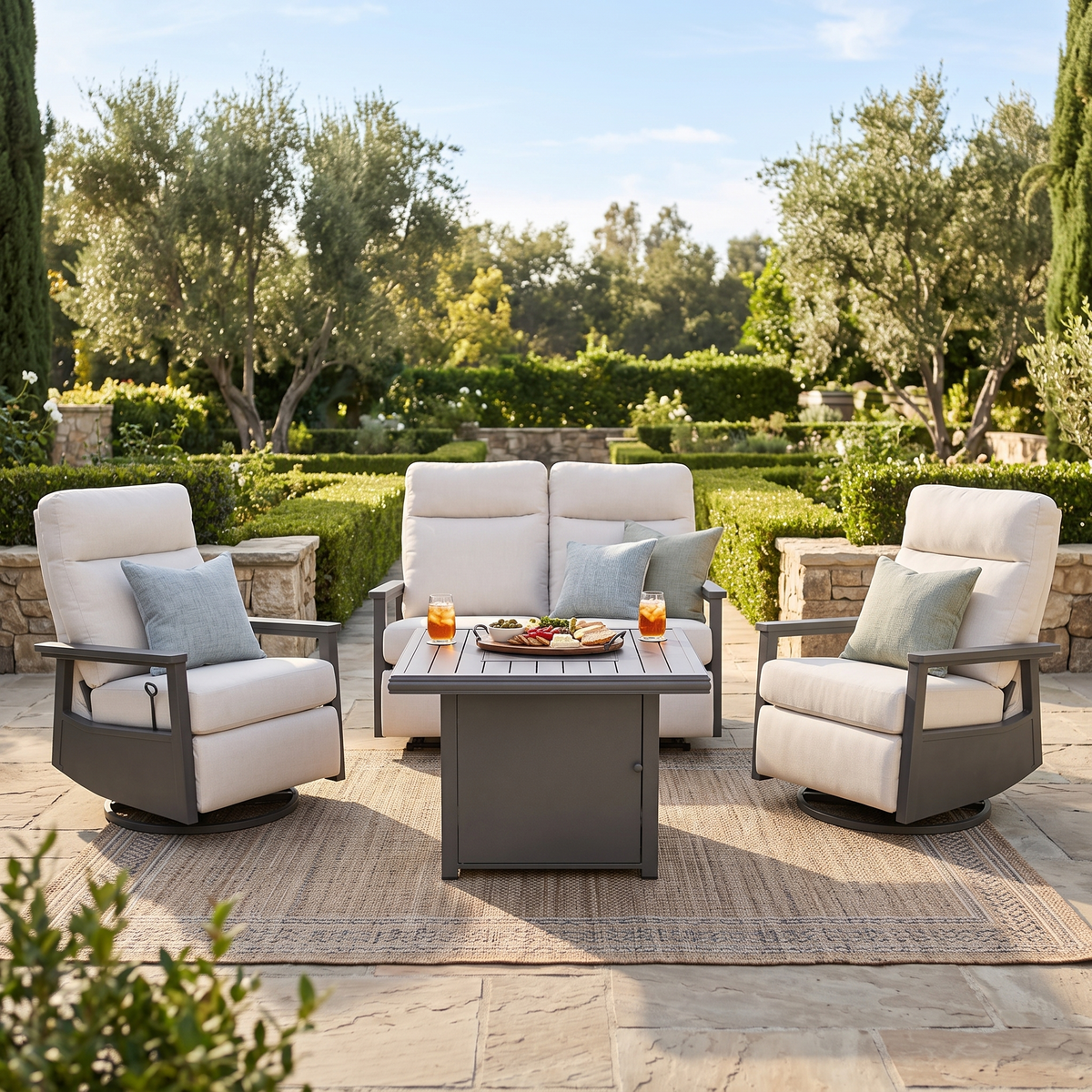 Huntington 4-Seat Patio Aluminum Reclining Loveseat Firepit Conversation Set with Pair of Recliners in Sunbrella® Canvas Canvas