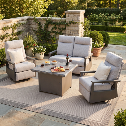 Huntington 4-Seat Reclining Loveseat Firepit Set — Outdoor Nook USA - scene