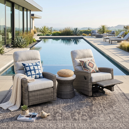 Monterey Driftwood Wicker Outdoor 2PC Swivel Glider Recliner in Oyster and Side Table | Outdoor Bistro Set