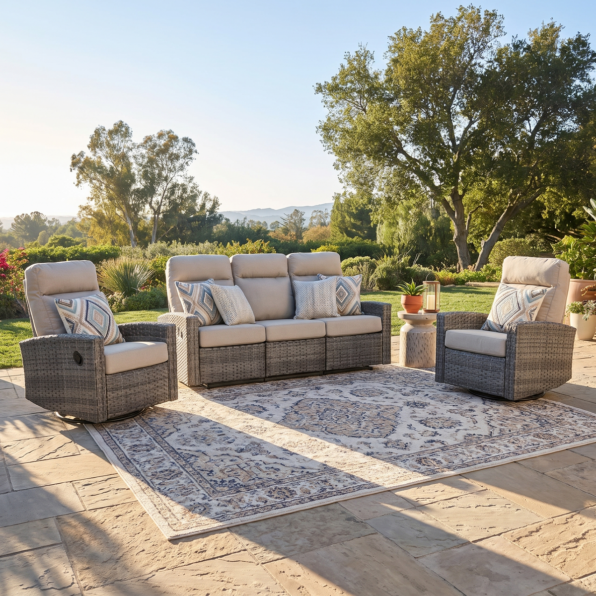 Malibu II Outdoor Wicker Reclining Sofa Conversation Set with a pair of Recliners in Sunbrella® Canvas Taupe | Outdoor Set