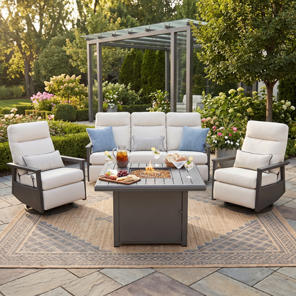 Huntington 5-Seat Patio Aluminum Reclining Sofa Firepit Conversation Set with Pair of Recliners in Sunbrella® Canvas Canvas