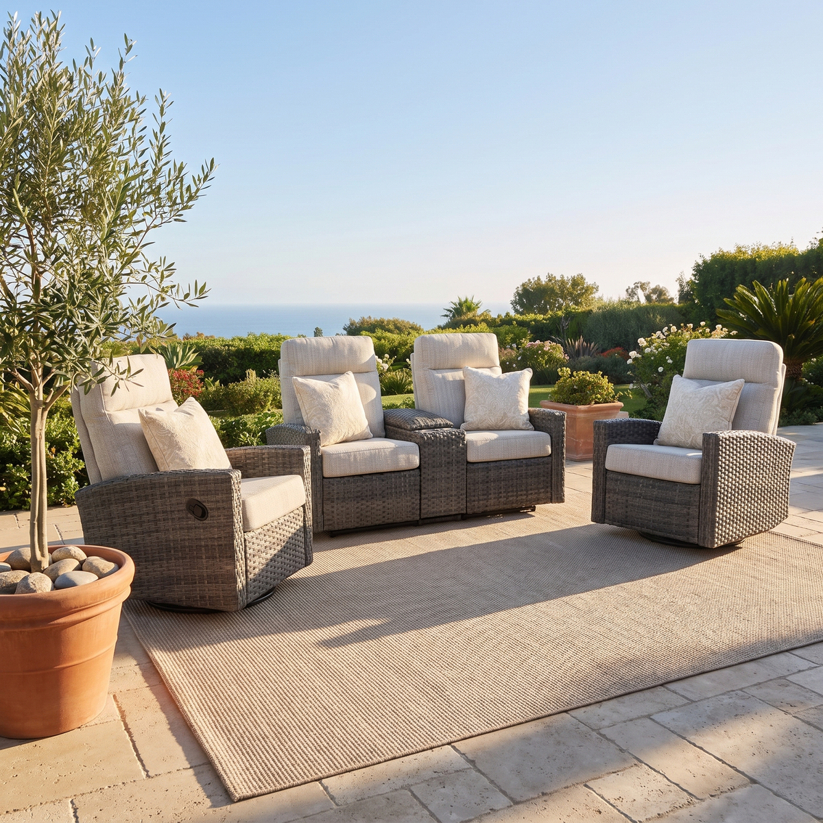 Malibu II Outdoor Wicker Reclining Console Loveseat Conversation Set with a pair of Recliners | Outdoor Set