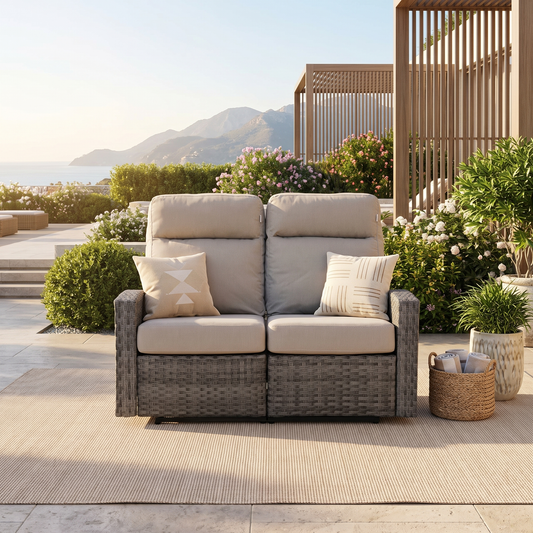 Malibu II Outdoor Wicker Reclining Loveseat Sofa in Sunbrella® Canvas Taupe