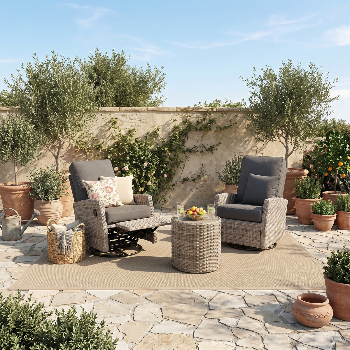 Keywest Wicker Outdoor 2PC Swivel Glider Recliner and Side Table in Sunbrella® Canvas Coal | Outdoor Bistro Set