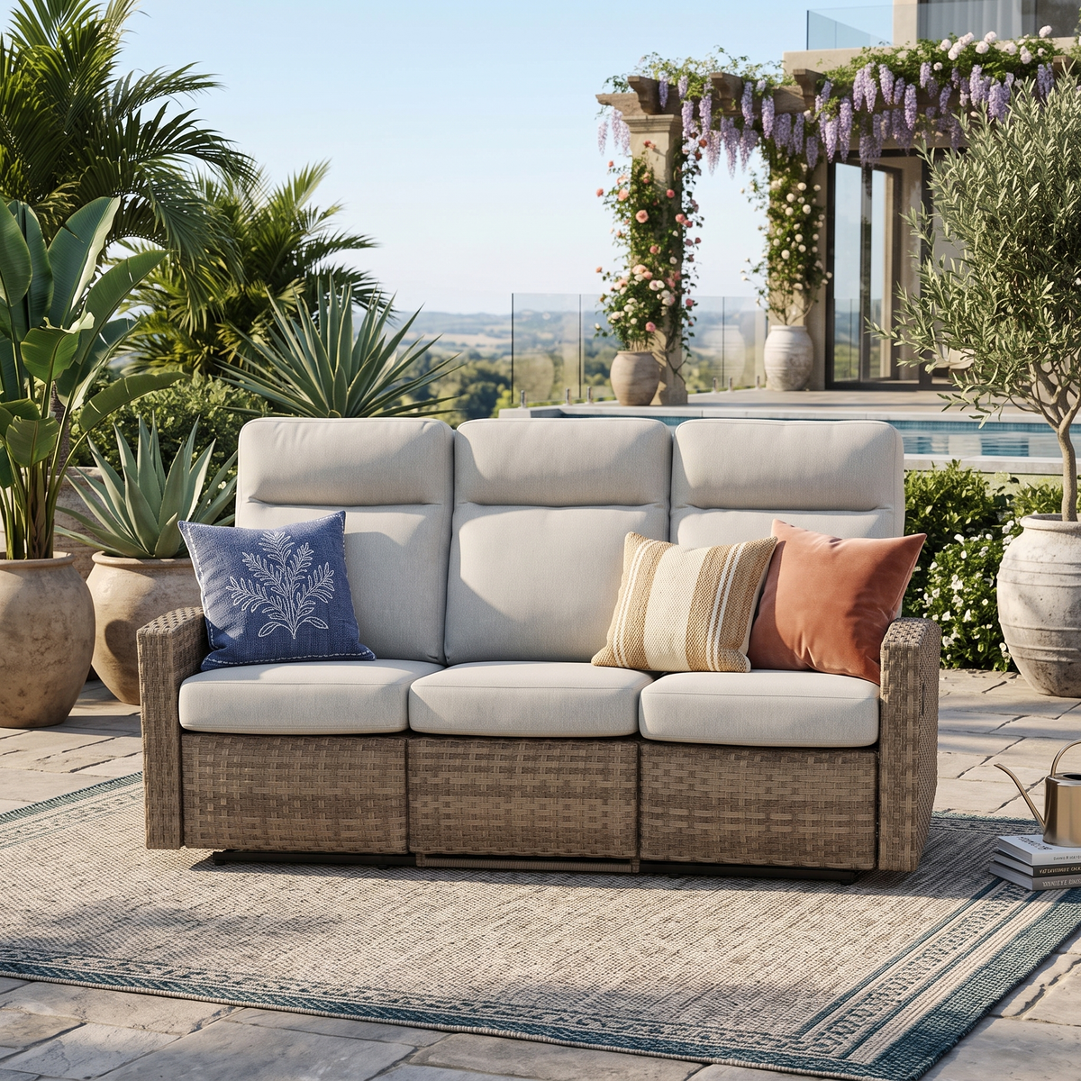 Newport Three-Seat Outdoor Wicker Reclining Sofa