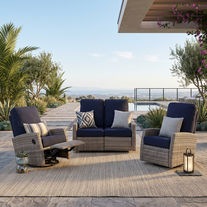 Keywest Outdoor Wicker Reclining Loveseat Conversation Set with a pair of recliners in Sunbrella® Navy | Outdoor Sofa Set