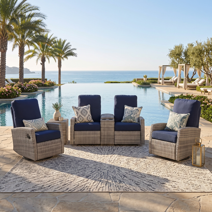 Keywest Outdoor Wicker Reclining Console Loveseat Conversation Set with a pair of recliners in Sunbrella® Navy | Outdoor Sofa Set