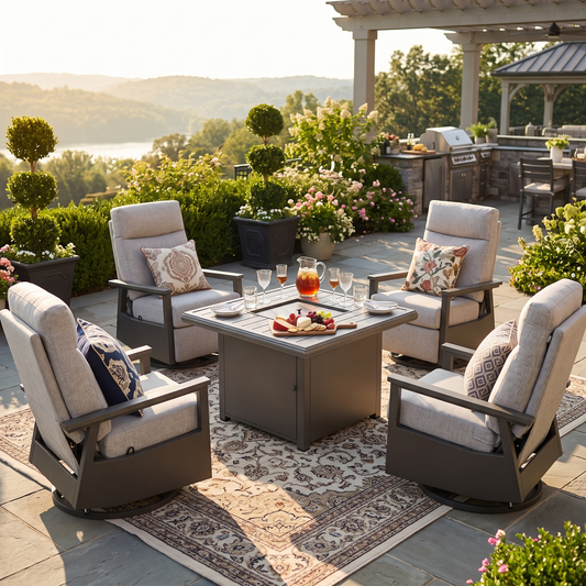 Huntington Outdoor Firepit Set | 4PC Aluminum Swivel Glider Recliners with Firepit Table