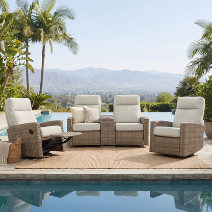 Newport Outdoor Wicker Reclining Console Loveseat Conversation Set with a pair of Recliners | Outdoor Set