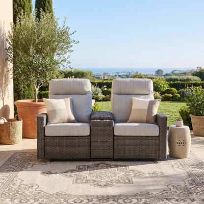 Malibu II Outdoor Wicker Reclining Loveseat Sofa with Console