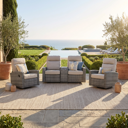 Malibu II Outdoor Wicker Reclining Console Loveseat Conversation Set with a pair of Recliners in Sunbrella® Canvas Taupe | Outdoor Set