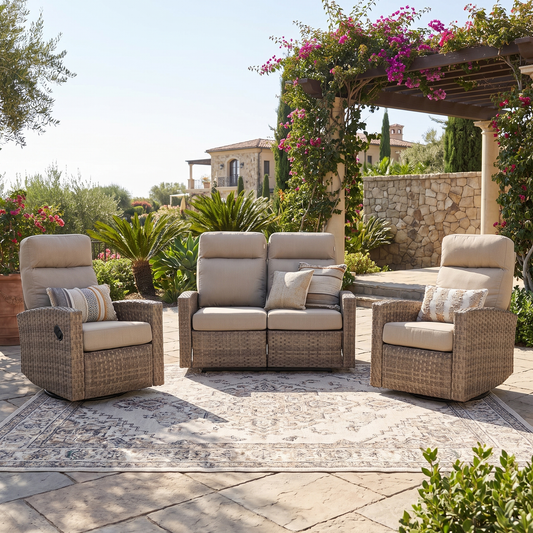 Newport Outdoor Wicker Reclining Loveseat Conversation Set with a pair of Recliners in Sunbrella® Spectrum Mushroom | Outdoor Set
