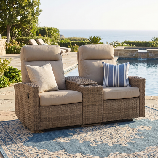Newport Outdoor Wicker Reclining Loveseat Sofa with Console in Sunbrella® Spectrum Mushroom