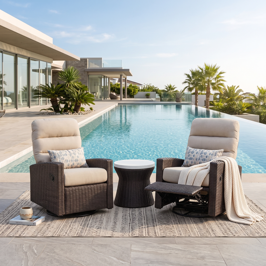 Monterey Espresso Wicker Outdoor 2PC Swivel Glider Recliner in Dune and Side Table | Outdoor Bistro Set