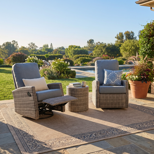 Keywest Wicker Outdoor Swivel Glider Recliner Bistro Set  | Patio Lounge Chair x 2  with Matching Side Table