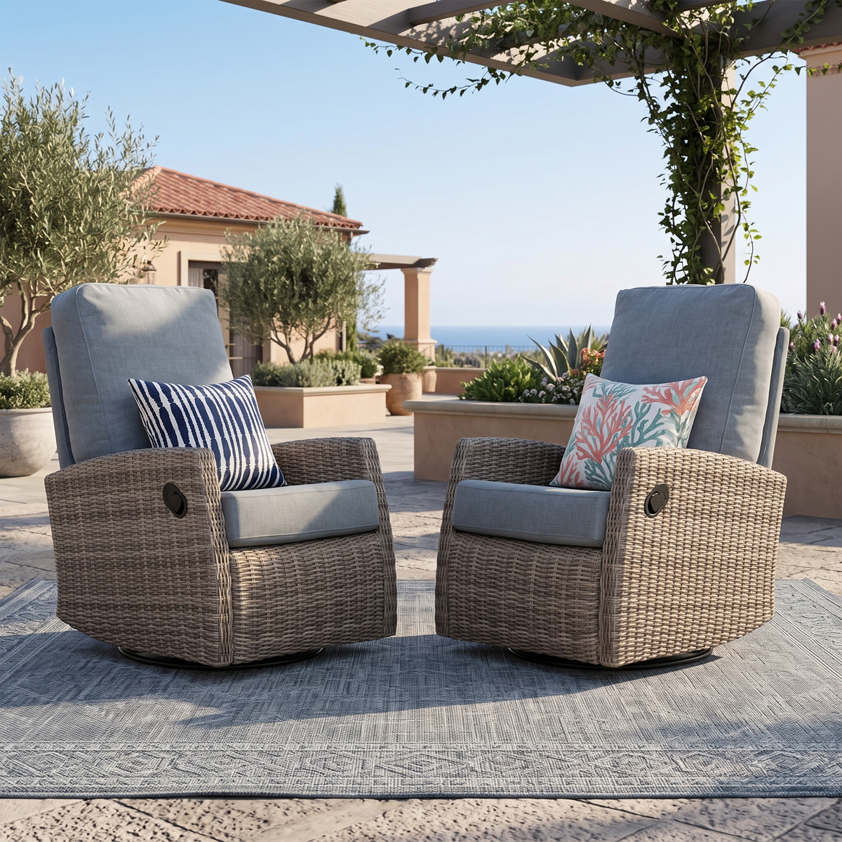 Pair of Keywest Wicker Outdoor Swivel Glider Recliner  | Patio Lounge Chair x 2