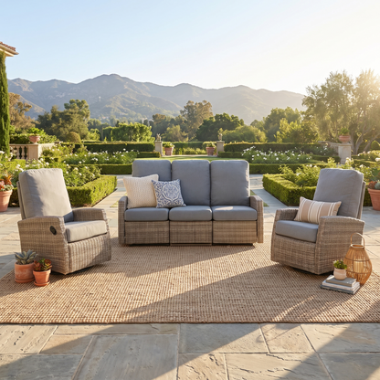 Keywest Outdoor Wicker Reclining Sofa Conversation Set- Dove Grey & Carolina Blue