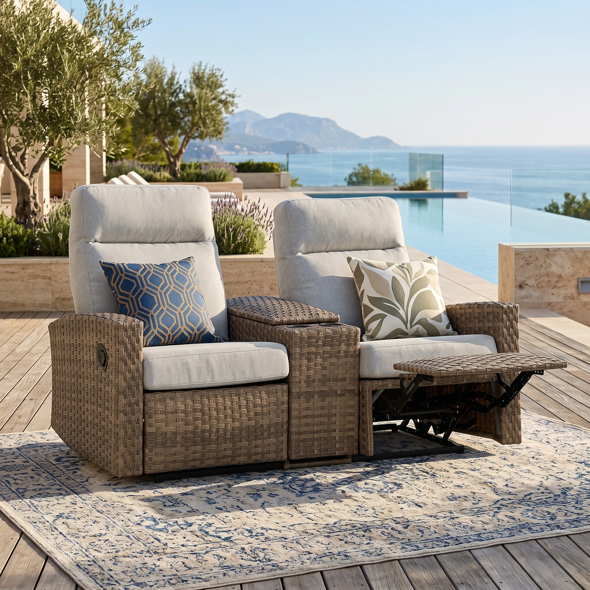 Newport Outdoor Wicker Reclining Loveseat Sofa with Console