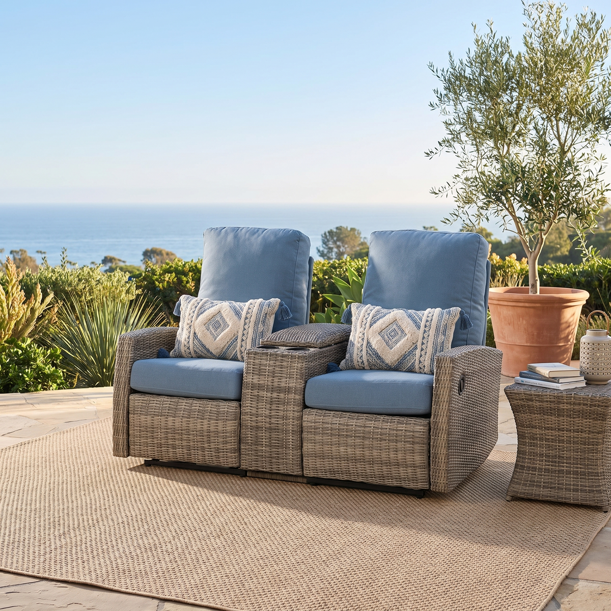Keywest Outdoor Wicker Reclining Loveseat Sofa with Console - Dove Grey & Carolina Blue