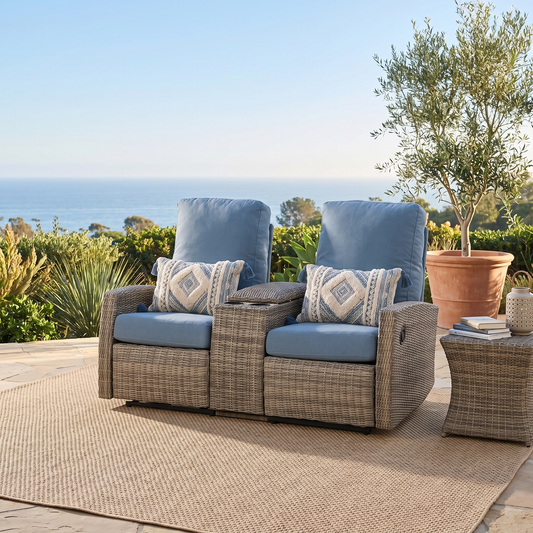 Keywest Outdoor Wicker Reclining Loveseat Sofa with Console - Dove Grey & Carolina Blue