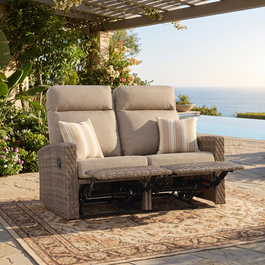 Newport Outdoor Wicker Reclining Loveseat Sofa in Sunbrella® Spectrum Mushroom