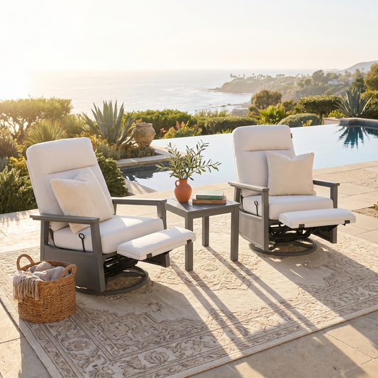 Huntington Aluminum Outdoor 2PC Swivel Glider Recliners and Side Table in Sunbrella® Canvas Canvas | Outdoor Bistro Set