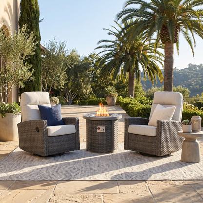 Malibu II Outdoor Firepit Bistro Set | 2PC Wicker Swivel Glider Recliner with Firepit Table