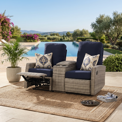 Keywest Outdoor Wicker Reclining Loveseat Sofa with Console in Sunbrella® Canvas Navy