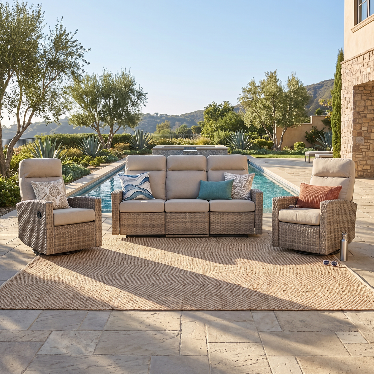 Newport Outdoor Wicker Reclining Sofa Conversation Set with a pair of Recliners in Sunbrella® Spectrum Mushroom | Outdoor Set