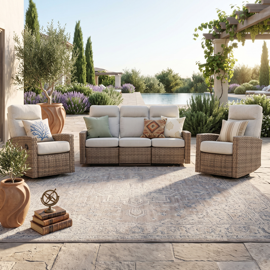 Newport Outdoor Wicker Reclining Sofa Conversation Set with a pair of Recliners | Outdoor Set