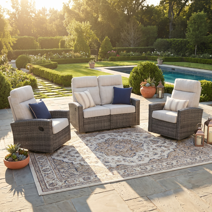 Malibu II Outdoor Wicker Reclining Loveseat Conversation Set with a pair of Recliners | Outdoor Set