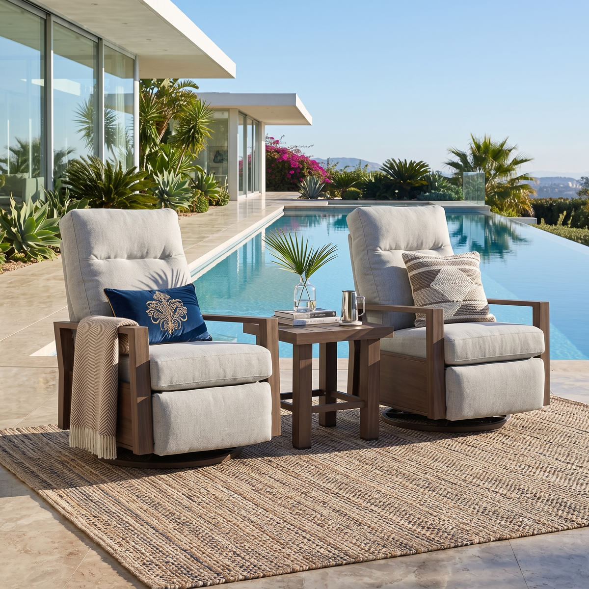 Shoreline Aluminum Outdoor 2PC Swivel Glider Recliner in Steeple Gray and Side Table | Outdoor Bistro Set