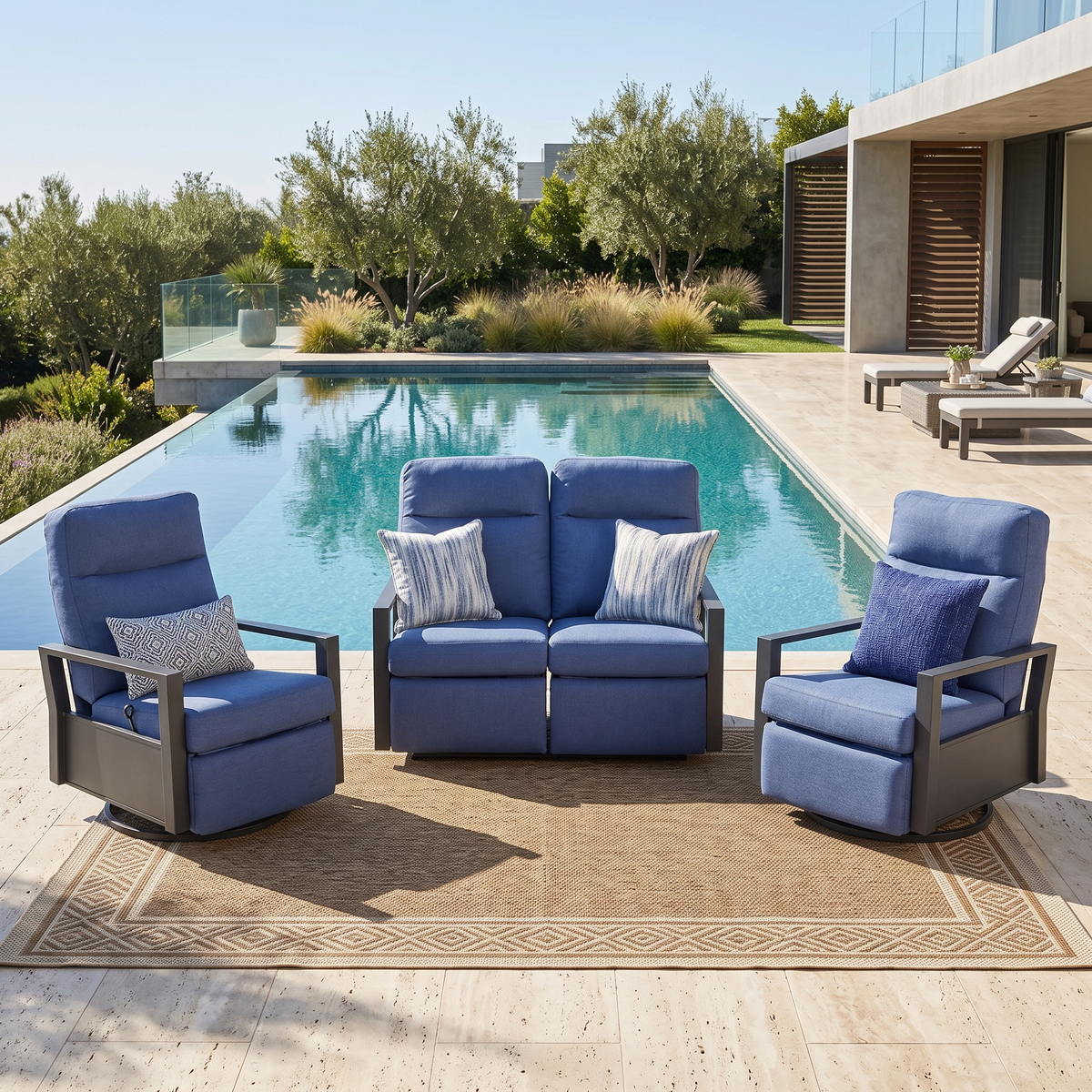 Shoreline 4-Seat Patio Aluminum Reclining Loveseat Conversation Set with Pair of Recliners | Outdoor Set