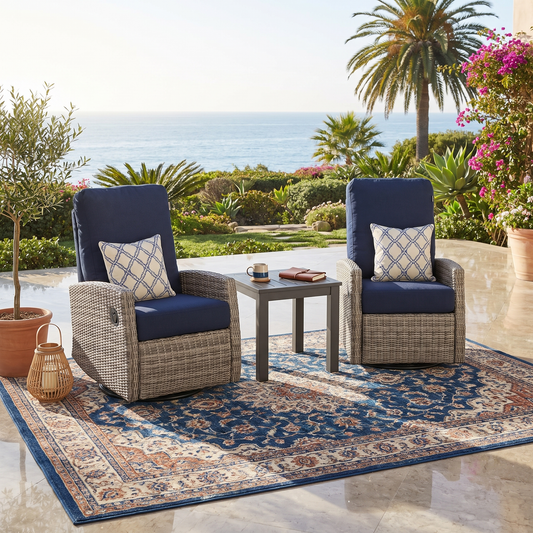 Keywest Wicker Outdoor 2PC Swivel Glider Recliner and Side Table in Sunbrella® Canvas Navy | Outdoor Bistro Set