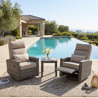 Malibu II Wicker Outdoor 2PC Swivel Glider Recliner in Sunbrella® Canvas Taupe and Side Table | Outdoor Bistro Set