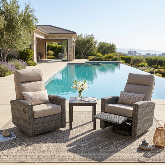 Malibu II Wicker Outdoor 2PC Swivel Glider Recliner in Sunbrella® Canvas Taupe and Side Table | Outdoor Bistro Set