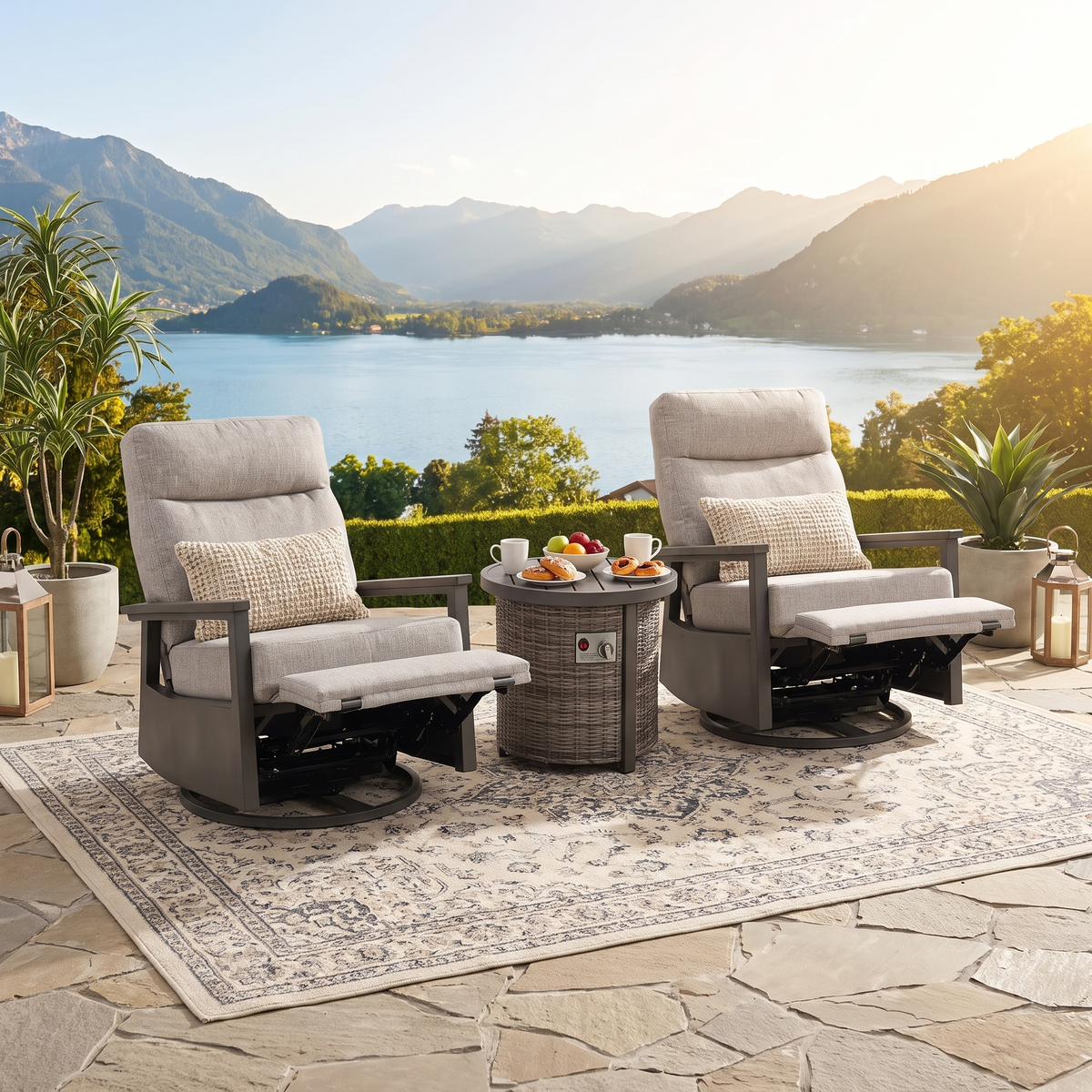 Huntington Outdoor Firepit Bistro Set | 2PC Aluminum Swivel Glider Recliner with Firepit Table