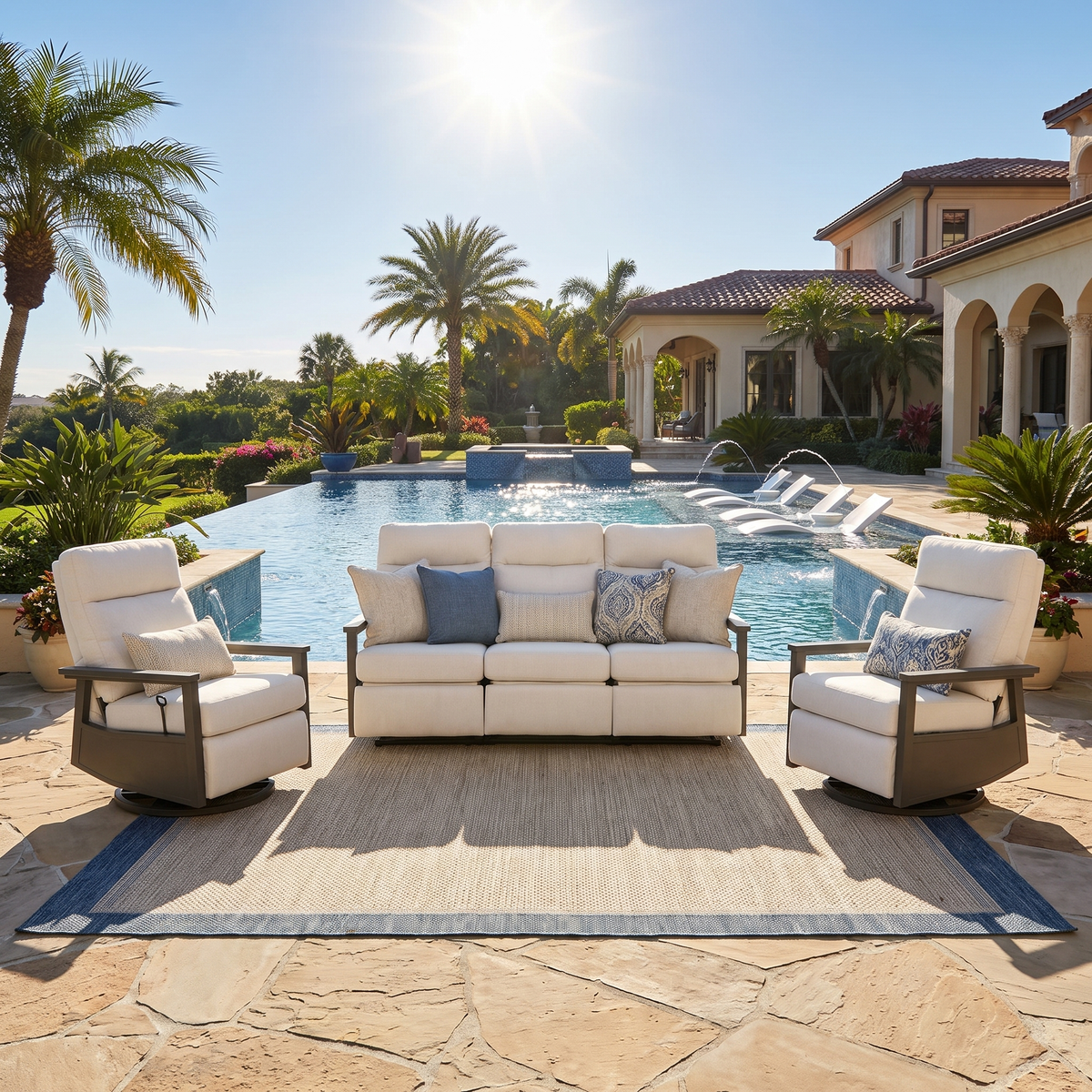 Huntington 5-seat Patio Aluminum Reclining Sofa Conversation Set with pair of Recliners in Sunbrella® Canvas Canvas | Outdoor Set