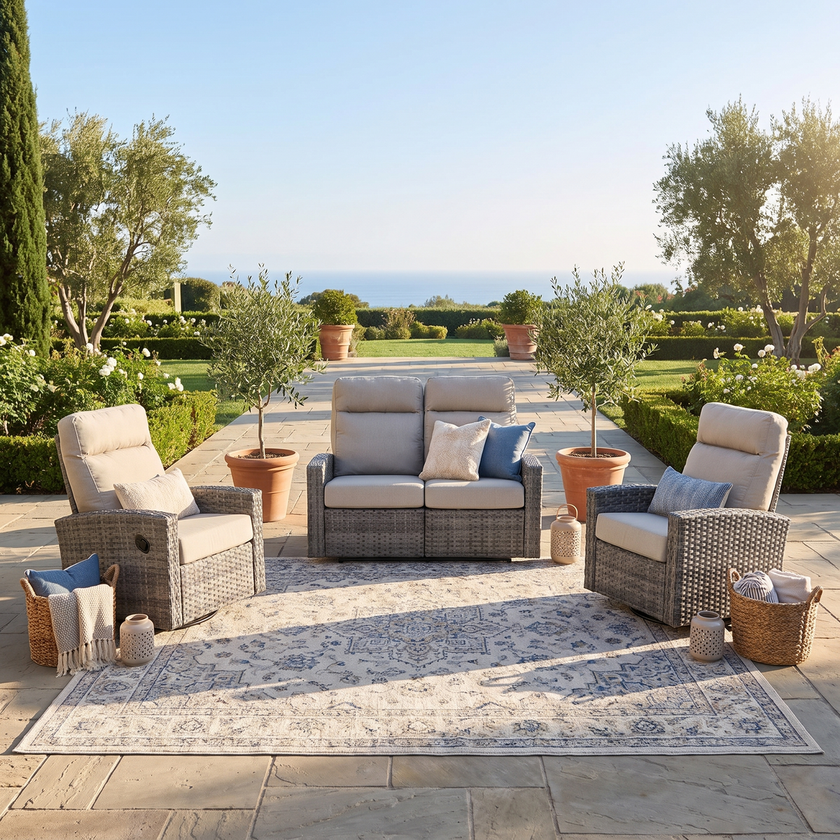 Malibu II Outdoor Wicker Reclining Loveseat Conversation Set with a pair of Recliners in Sunbrella® Canvas Taupe | Outdoor Set