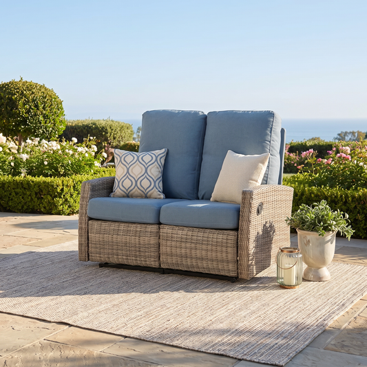 Keywest Outdoor Wicker Reclining Loveseat Sofa - Dove Grey & Carolina Blue