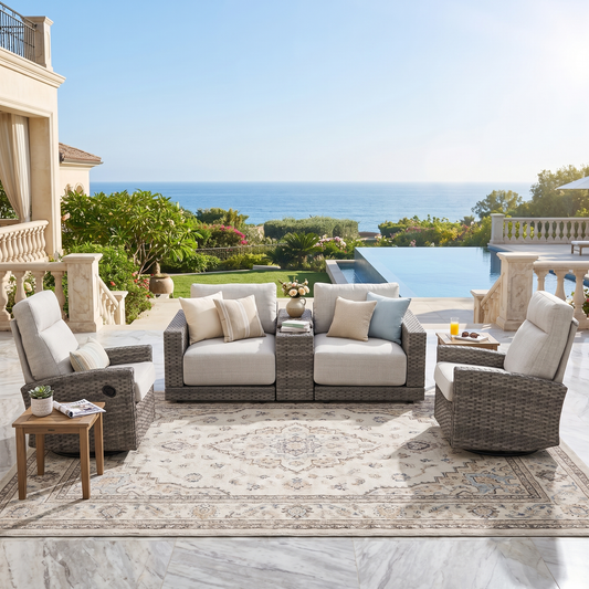Malibu II 5-piece Patio Wicker Modular Console Loveseat Set with Swivel Glider Recliners | Outdoor Set